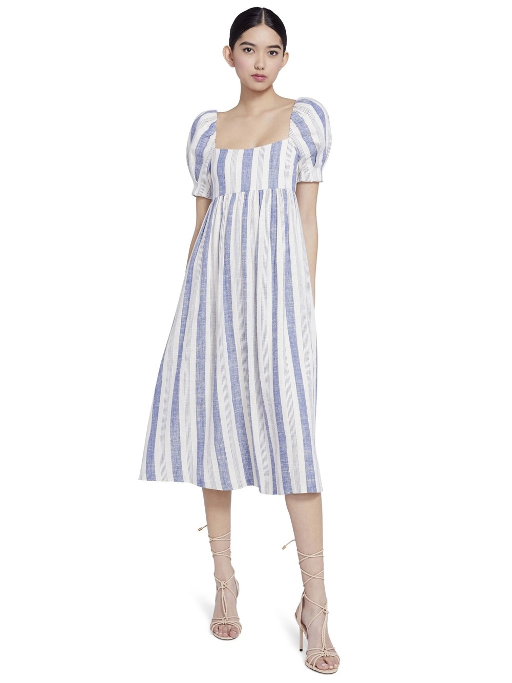 Alice + Olivia Stacey Bendet Blue & Cream Striped Puff Sleeve Midi Dress NWT